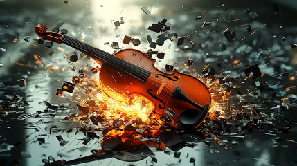 Fototapeta premium Dynamic violin explosion a captivating display of music and energy with sparks and shattered pieces