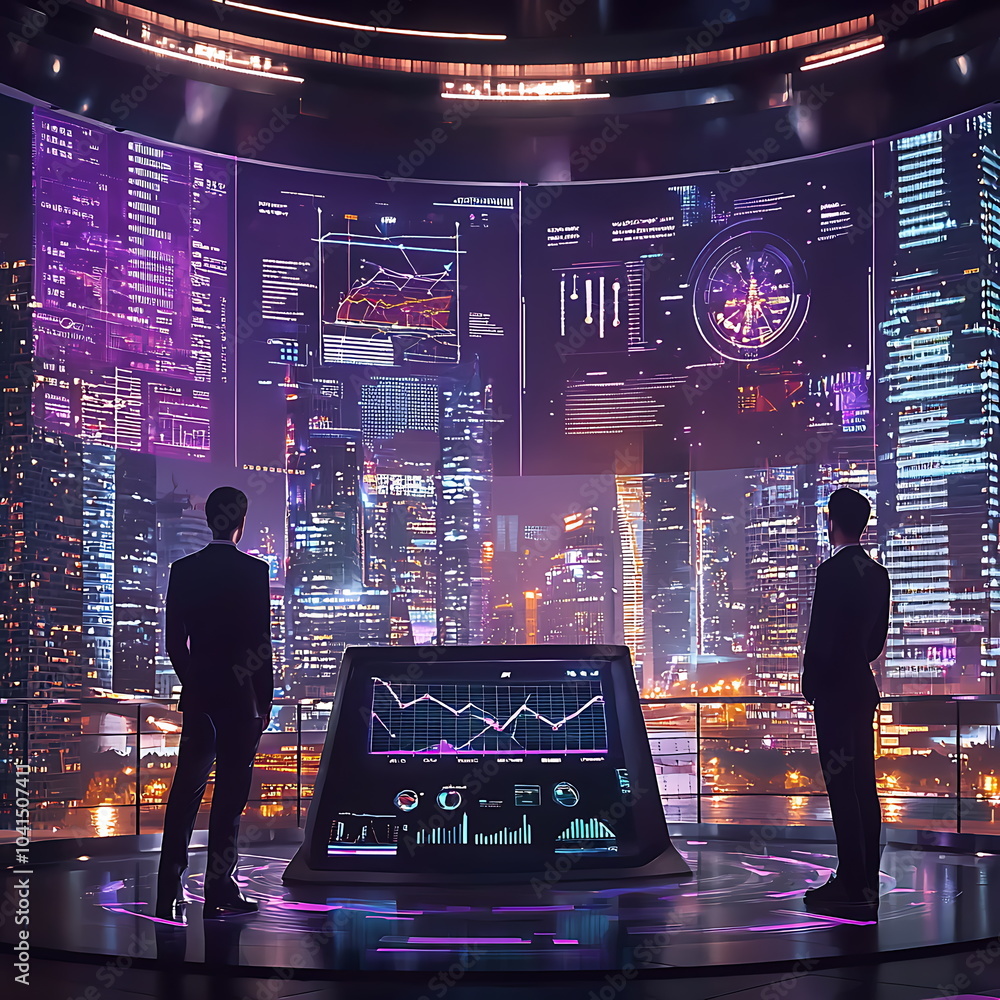 Poster Futuristic business meeting in a high-tech office with dynamic data visualizations and a stunning cityscape backdrop