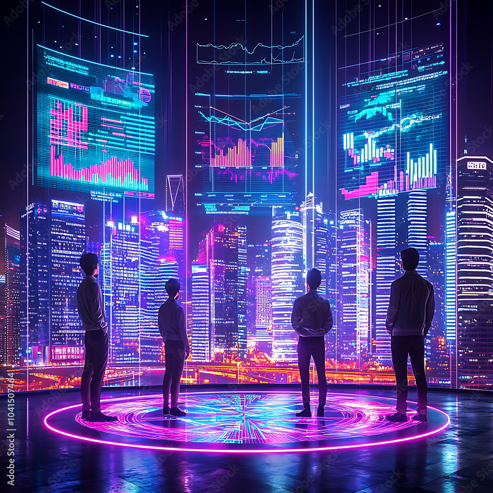 Aufkleber futuristic business professionals analyzing data insights amidst a stunning cityscape of high-tech v