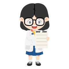 girl scientist holding pencil writing on a clipboard