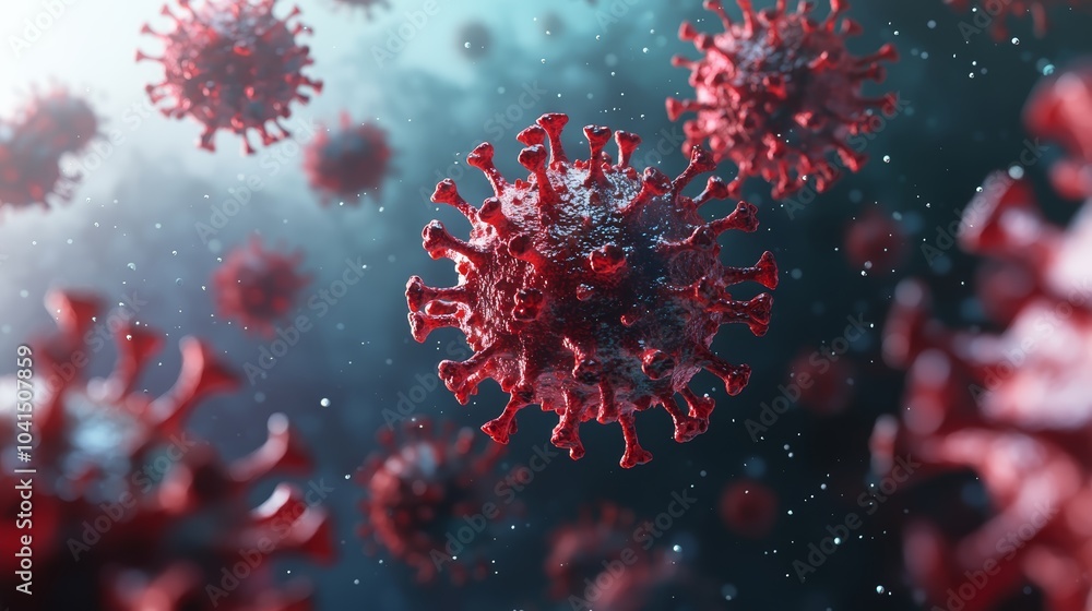 Poster close-up of red virus particles with a dynamic blurred background.