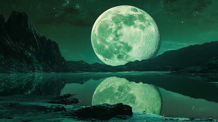 Fototapeta premium Majestic green moon illuminating a tranquil lake a surreal landscape of nature's beauty under starry skies
