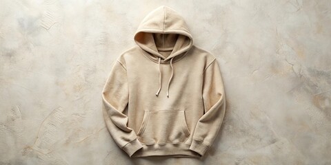 A simple yet stylish beige hoodie with a single front pocket, laid flat against a textured backdrop, ready for customization.