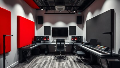 Modern Music Studio with Black and Red Acoustic Panels