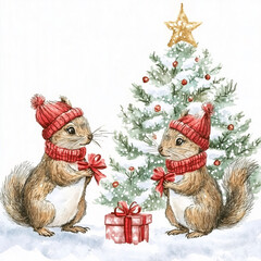  Under the decorated Christmas tree, two young squirrels in red knitted hats and scarves are curiously examining a present wrapped in gift paper. Christmas card. Illustration, sketch. White background