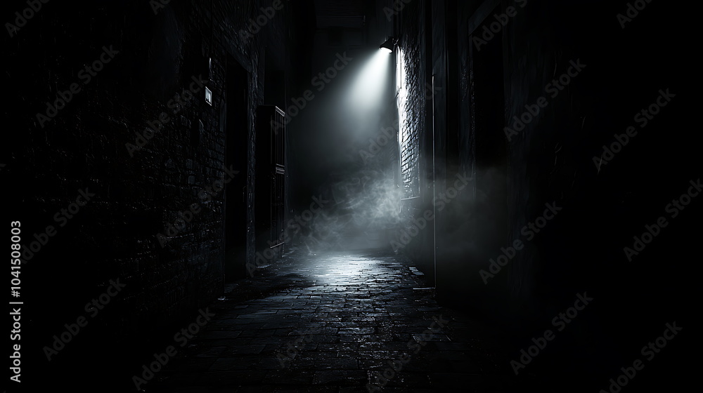 Poster a hauntingly enigmatic alleyway enveloped in fog and dim light inviting exploration of shadows and s