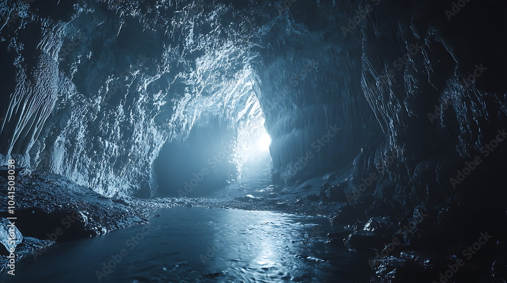 Poster exploring the enigmatic depths a journey into a mysterious cave illuminated by a glowing light at th