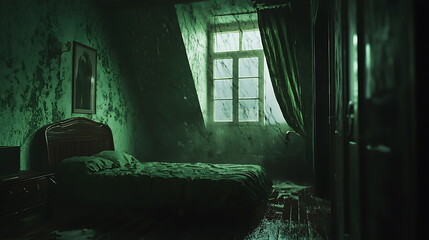 Eerie ambiance in a mysterious bedroom with green tones and shadows that whisper secrets of the past