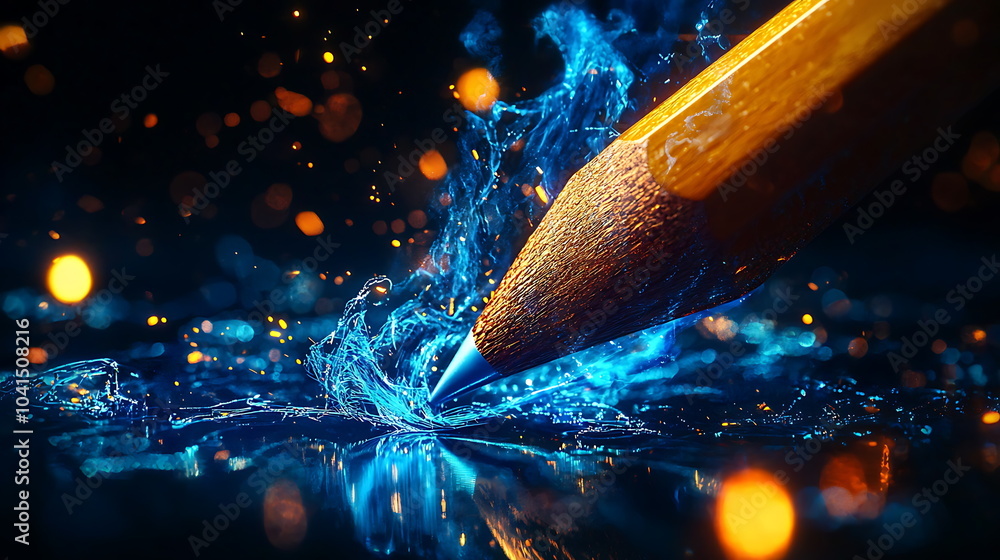 Poster Dynamic splash effect created by a pencil on a vibrant blue background capturing the essence of creativity and motion