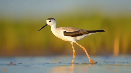 Obraz premium Elegant Bird Walking in Shallow Water at Sunset