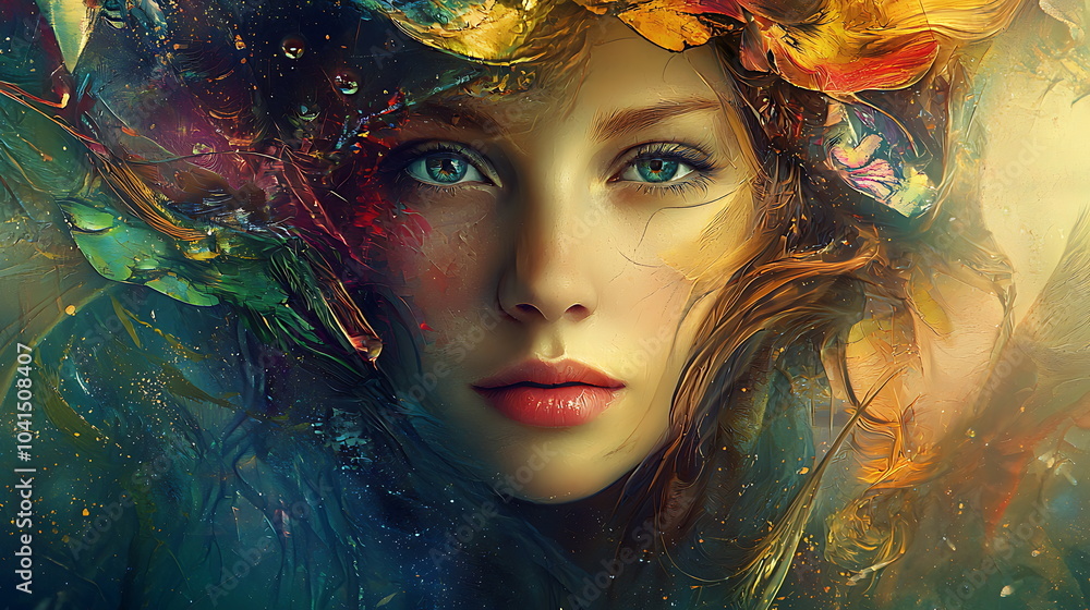 Poster enchanting portrait of a woman embraced by a kaleidoscope of colorful elements capturing the essence