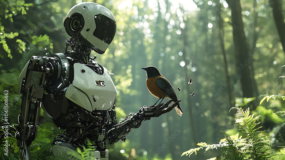 Aufkleber A serene encounter a robot's gentle interaction with a bird in a tranquil forest setting exploring nature and technology