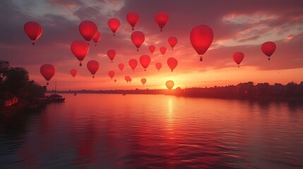 Fototapeta premium A breathtaking sunrise over a calm river, with a cluster of red hot air balloons ascending into the vibrant sky.