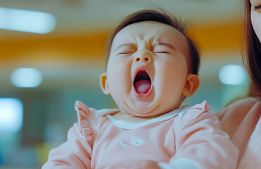 Newborn Asian baby girl yawns held by her mother's hand in the hospital background.