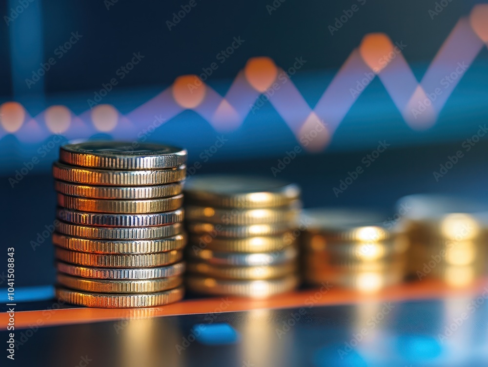 Poster a close-up view of stacked coins with a fluctuating graph in the background, symbolizing financial g