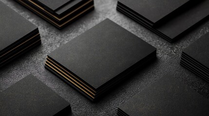 Black notebooks stacked on a textured gray surface.