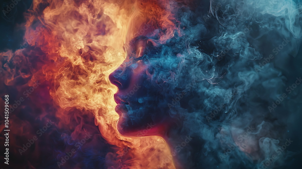 Aufkleber enchanting silhouette of a woman enveloped in vibrant colorful smoke patterns – a fusion of art and 