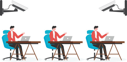 Sad man working under surveillance camera. Boss monitors workers with CCTV system. Office interior design. Personnel control concept. Video of employee monitoring equipment. Flat vector illustration

