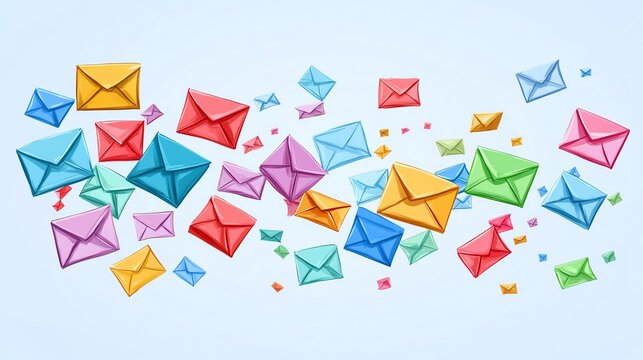 Colorful envelopes floating against a light blue background.