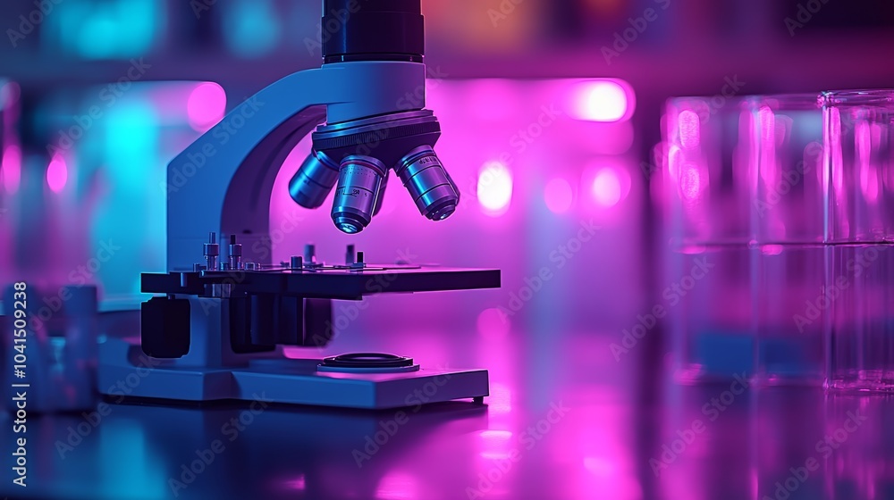 Poster close-up of a microscope in a colorful laboratory setting with neon lights.