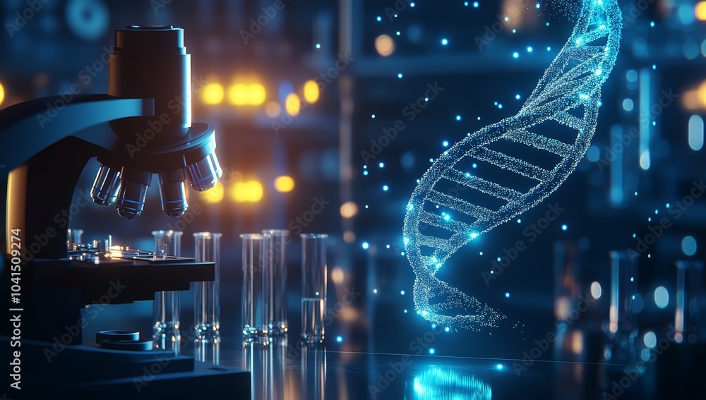 Poster a microscope with a glowing dna strand in a laboratory setting.
