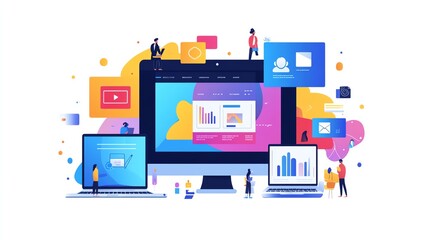 Digital workspace with people using various devices, white isolate background