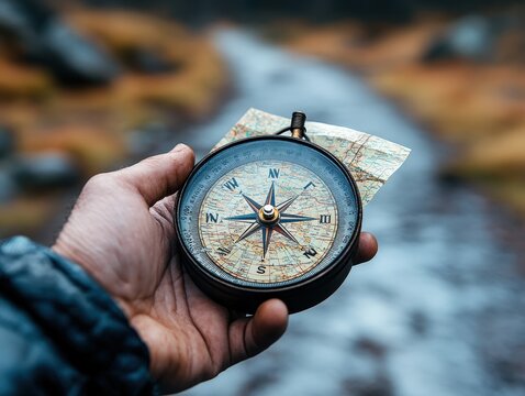 A hand holds a vintage compass and map, guiding through a scenic autumn path, symbolizing discovery and exploration in nature, embracing the season's beauty.