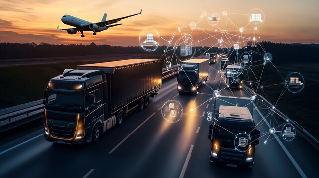 Trucks driving on highway at sunset with network connection showing logistics and supply chain management