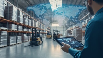 Manager using digital tablet managing global supply chain logistics in warehouse