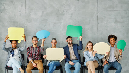 sign business man woman holding blank group message team businessman banner speech bubble copy...