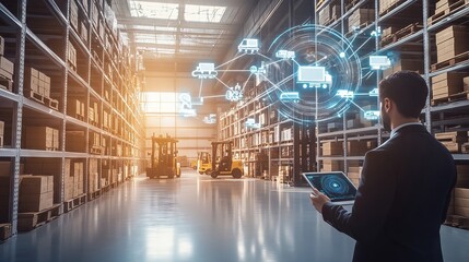 Manager using digital tablet managing logistics delivery with automated system software