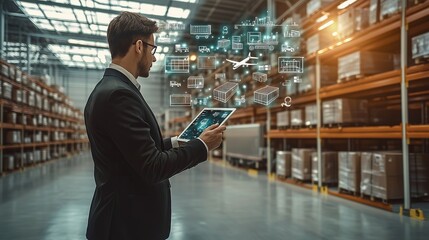 Manager using digital tablet managing inventory in warehouse