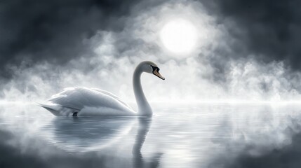 Obraz premium A white swan gracefully glides through a misty, moonlit lake.