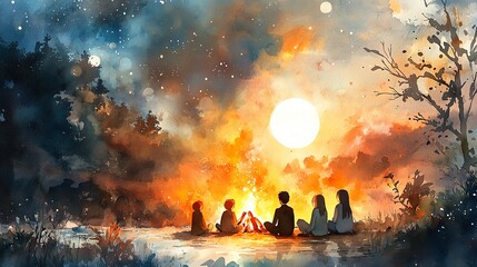 Group of friends around a campfire under a starry sky.