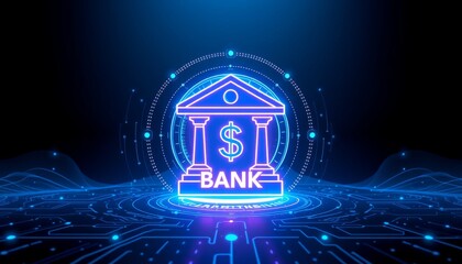 Digital Bank Icon on Abstract Blue Circuit Board Background