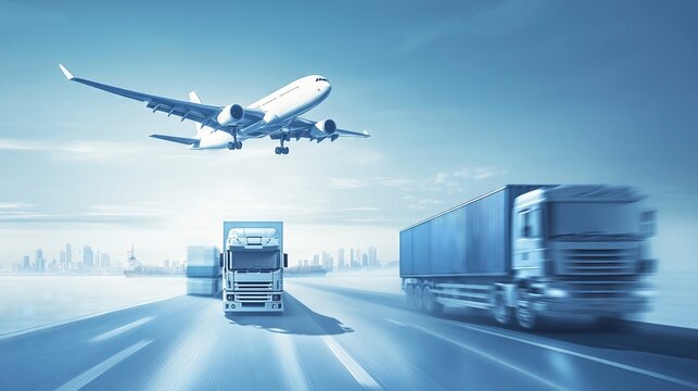 Trucks driving on highway with airplane taking off in background