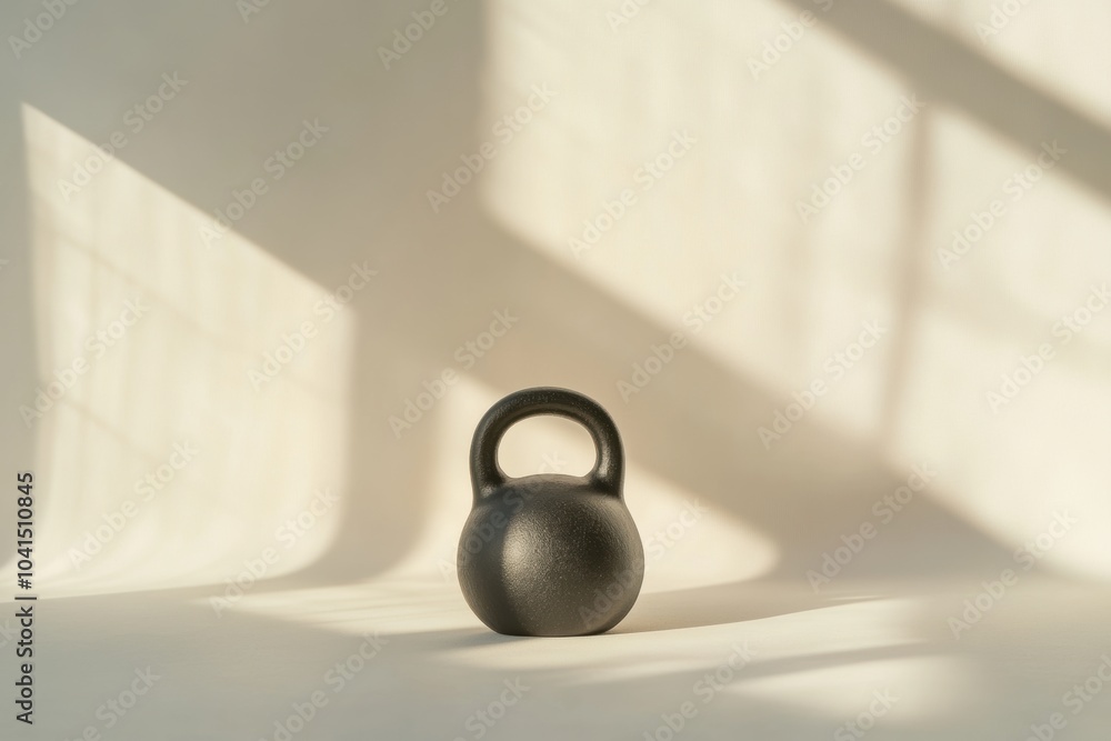 Poster a black kettlebell stands alone on a smooth surface, highlighted by soft natural light filtering thr