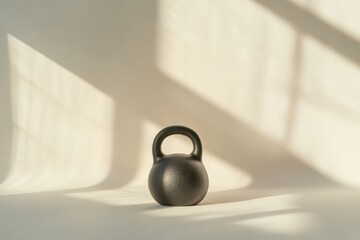 A black kettlebell stands alone on a smooth surface, highlighted by soft natural light filtering through a window. Generative AI