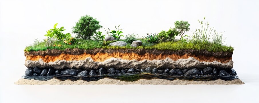 A cross-section with black oil , rock on bottom top layer grass with plants , on a white background, in an photorealistic style high defination and texture