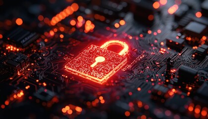 Glowing Red Lock Symbol on a Circuit Board