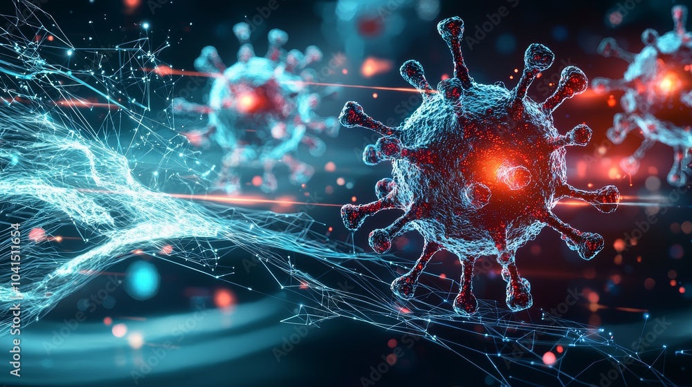Poster abstract representation of a virus indicating molecular structure and digital connectivity.