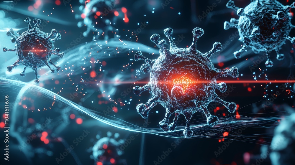 Aufkleber close-up of a virus in a dynamic and colorful digital environment.