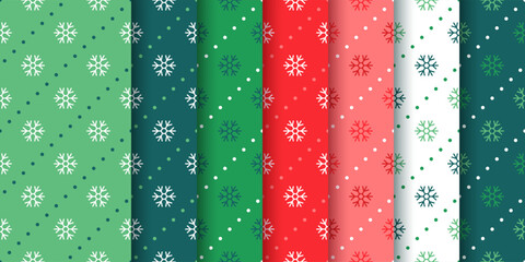 Seamless pattern with snowflakes. Christmas backgrounds. Set Winter red green prints. Xmas holiday textures. Festive wrapping papers. Geometric backdrop in flat design. Vector illustration