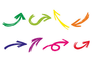 Chalk scribble paint brush arrow set. Crayon handwritten arrow elements. Vector hand drawn doodle crayon, marker color brush texture. Rough chalk vector illustration isolated on white background.