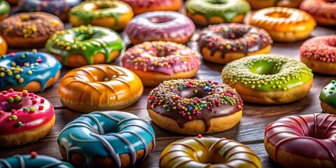 A colorful array of glazed donuts with various toppings, arranged on a rustic wooden surface, showcasing a sweet and tempting dessert treat.