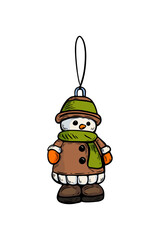 Vector Christmas sketch in vintage style, engraving, line drawing color snowman toy.