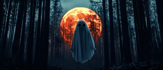 Ghost in Haunted Forest with Full Moon