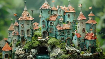 Obraz premium Enchanted Miniature Village: A Whimsical Castle Model