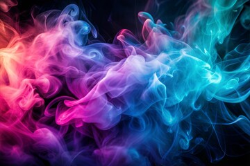 Vibrant blue pink and purple smoke swirls on black background with smoke texture