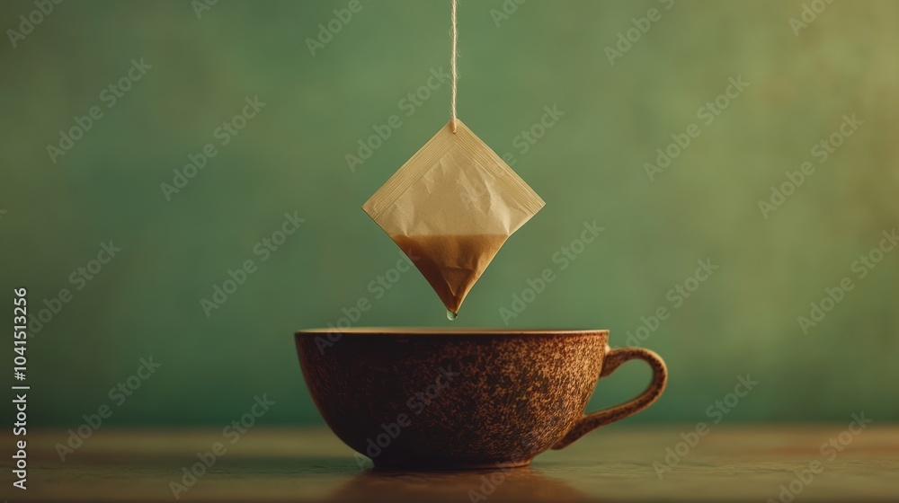 Poster a tea bag hangs over a rustic cup, gradually infusing the water with rich color, creating a serene a